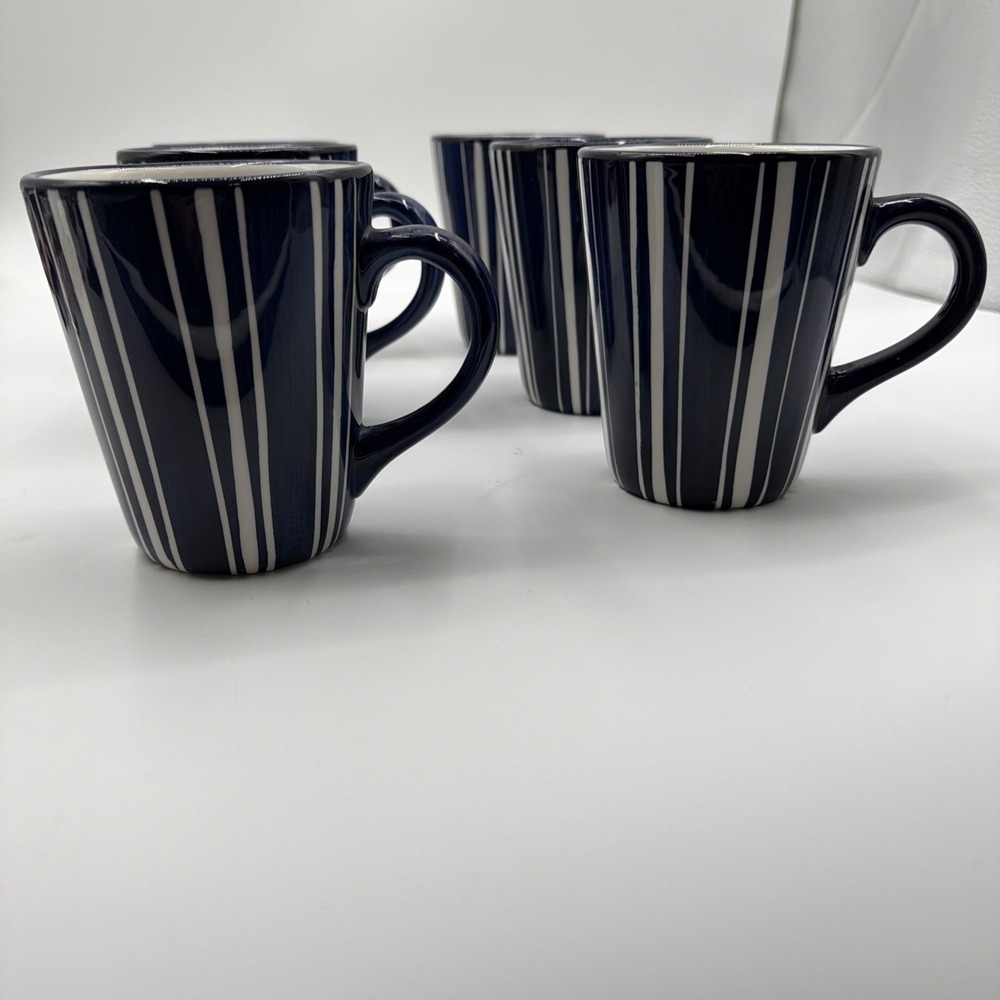 DANSK Mugs, Set Of‎ 6, Cobalt Blue/White Stripe Hand painted, Kayla Blue, 12 oz